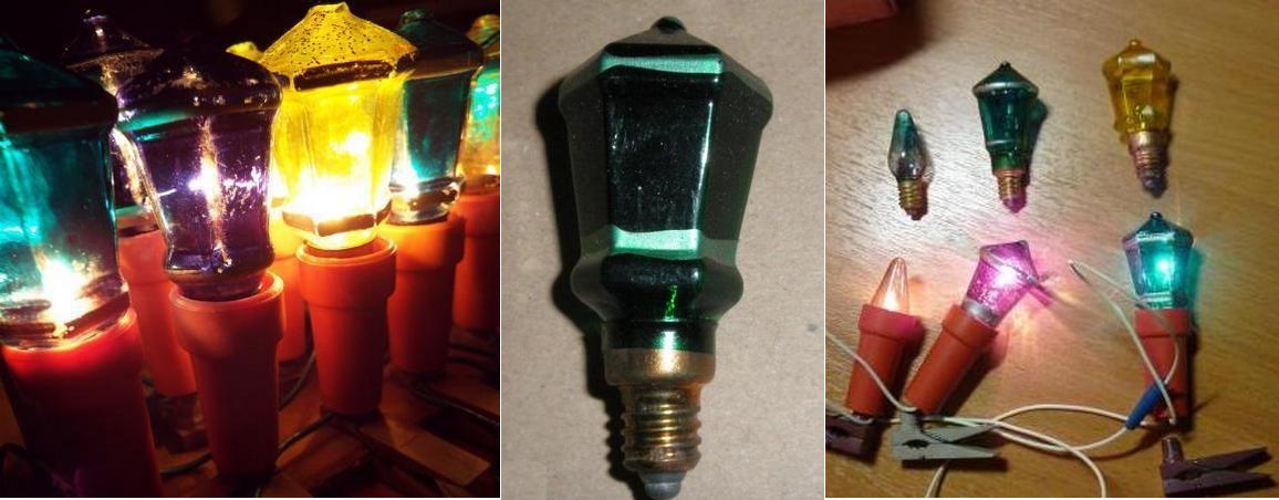 Фото 1.8. Существовала также гирлянда МЭЛЗ «Польский фонарик», от предыдущей, отличающаяся только гранёными колбами спецламп. На крайнем правом фото — московские и польские фонарики вместе, тут же для сравнения и обычная Е13.5-0.16 с таким же цоколем Е10. Видно свечеобразное устройство гирляндных светильников с табельными прищепками для крепления на ёлочных ветках